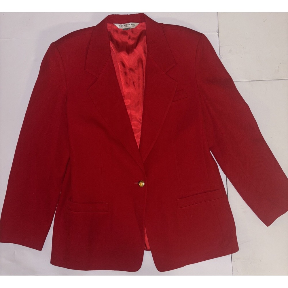 Vintage Austin Reed Red  100% Worsted Wool Blazer Gold Buttons Women Size 10